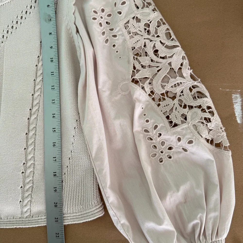 NWoT By Anthropologie Cutwork Puff-Sleeve Sweater women color pearl size Small - Picture 16 of 16